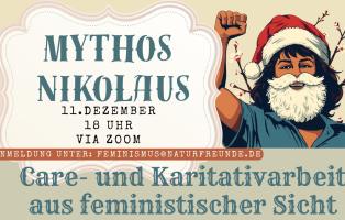 Mythos Nikolaus Hier wird ein weiblicher Nikolaus mit gestreckter Faust gezeigt.